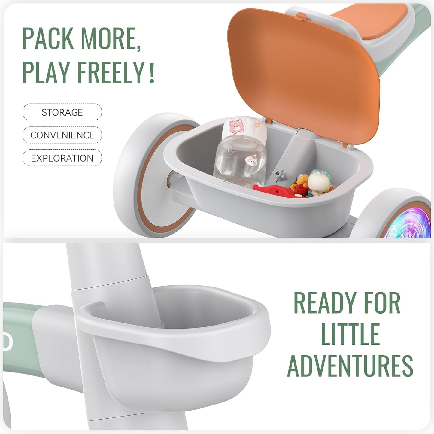 SEREED Colorful Lighting Toddler Tricycle for 2-5 Years Old Boys Girls, Adjustable Seat&Handlebar Trike, Removable Basket, Birthday Gift Idea for Kids Ages 2+ (Green)