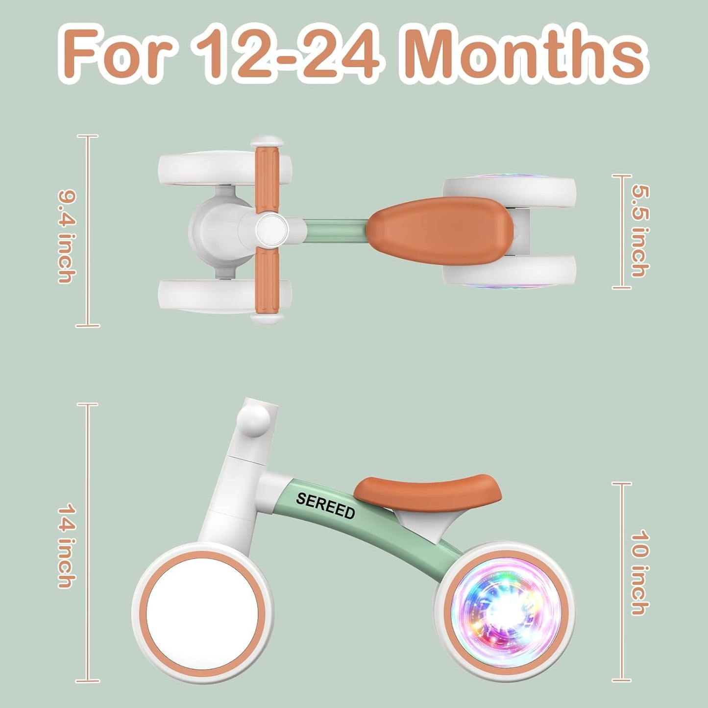 SEREED Colorful Lighting Baby Balance Bike, Toys for 1 Year Old Boys Girls, 12-24 Month Toddler Balance Bike with 4 Silence Wheels, First Birthday Gift (Green)